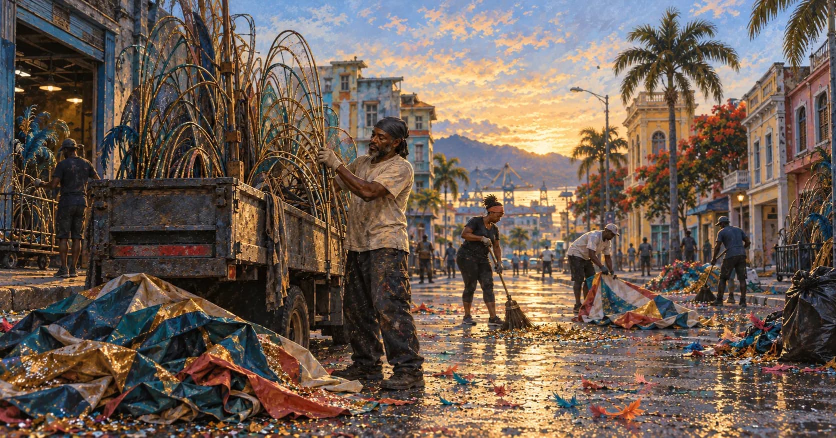 Painterly illustration of Carnival workers packing costume frames and cleaning a Port of Spain street at dawn, courtesy of LuxTuris Editorial