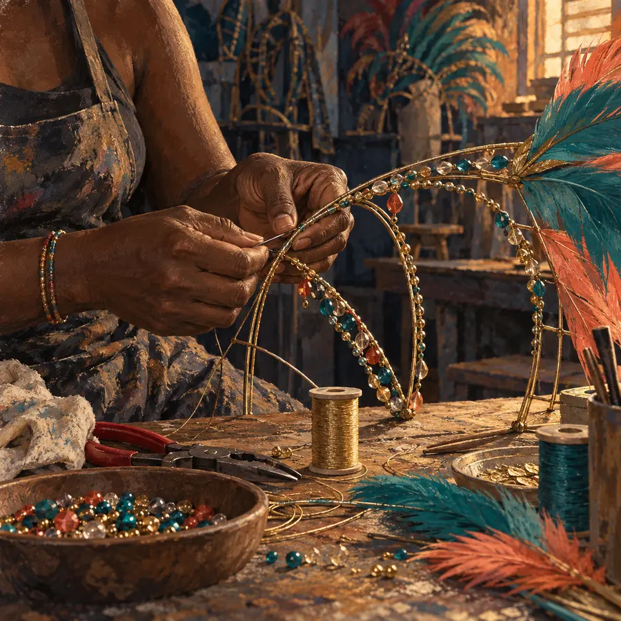 Painterly illustration of a Trinidadian costume maker repairing a wire frame after Carnival, courtesy of LuxTuris Editorial