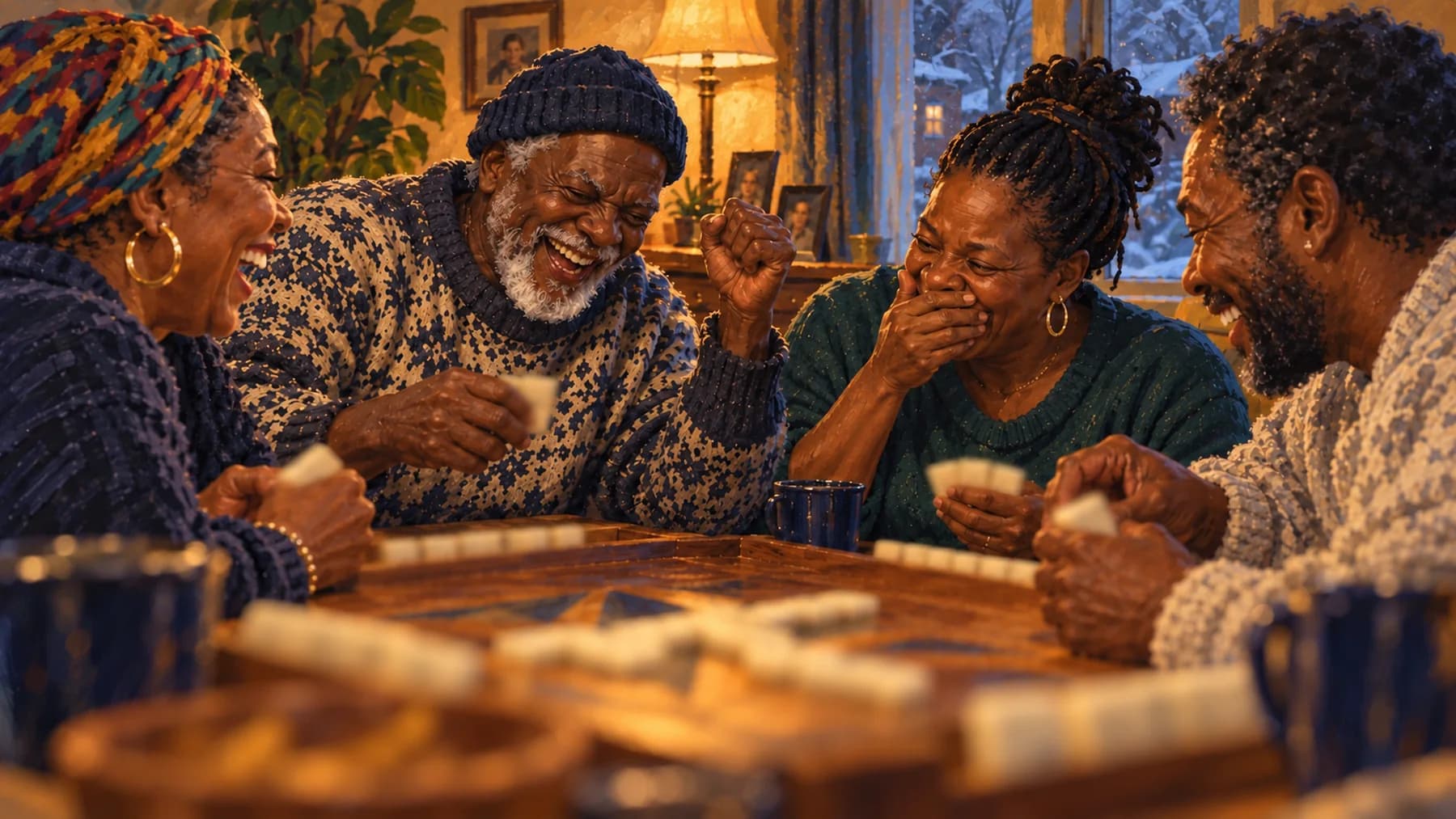 Painterly illustration of a Caribbean family laughing around a handmade domino table in a warmly lit Quebec home, courtesy of LuxTuris Editorial