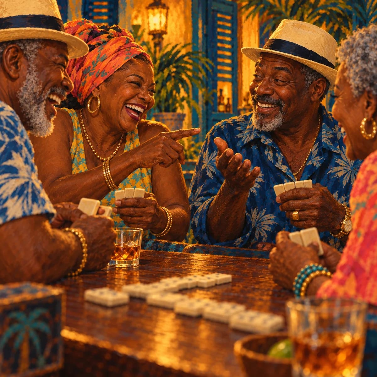 Painterly illustration of Caribbean domino players gathered around a scarred wooden table, courtesy of LuxTuris Editorial